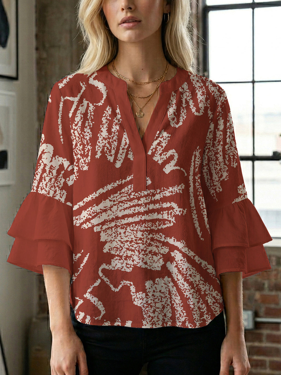 Damen elegantes Blusenshirt mit voluminösen Rüsenärmeln und grafischem Blumendesign Drune