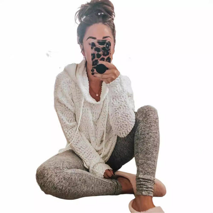 Damen lässiger Strickpullover mit Kapuze und luftiger Struktur Drune