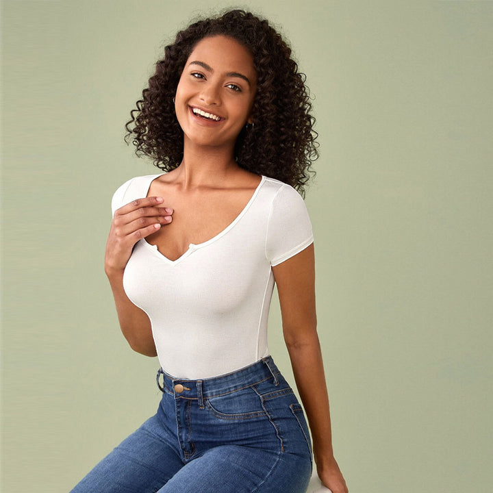 Damen figurbetontes T-Shirt mit tiefem V-Ausschnitt und kurzen Ärmeln Drune