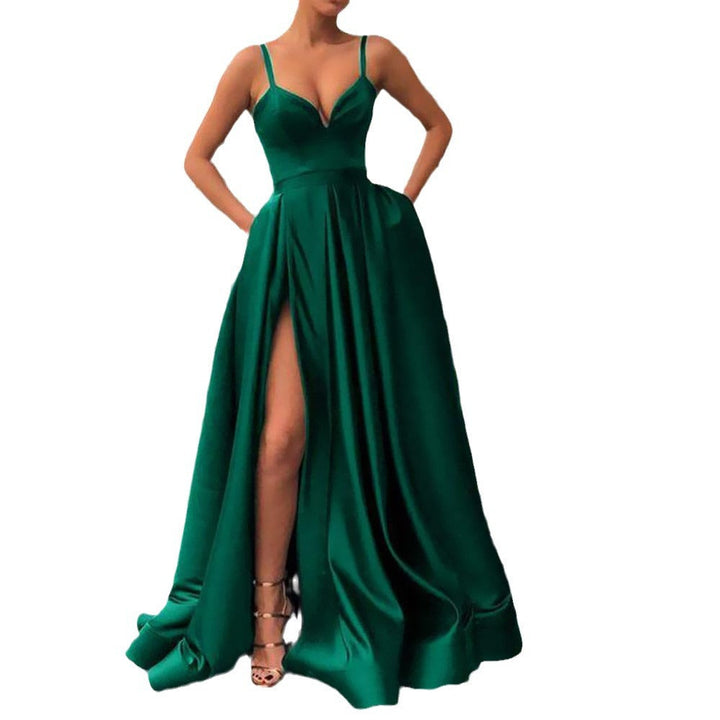 Drune | Figurformendes einfarbiges Spaghettiträger-Train-Abend-Satin-Kleid