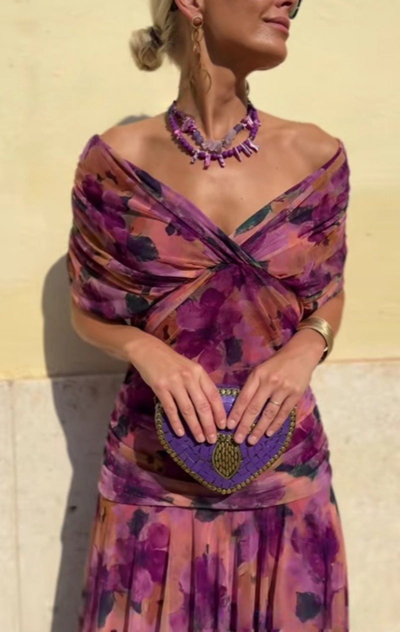 Damen nan fließendes Abendkleid mit transparentem Chiffon-Capelet, V-Ausschnitt und taillierter Drapierung Drune