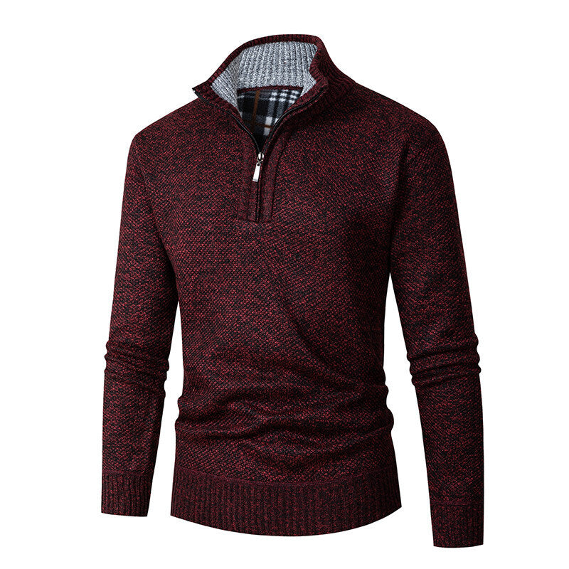 Herren nan grobgestrickter Halfzip-Pullover mit Stehkragen und karierter Krageninnenseite Drune