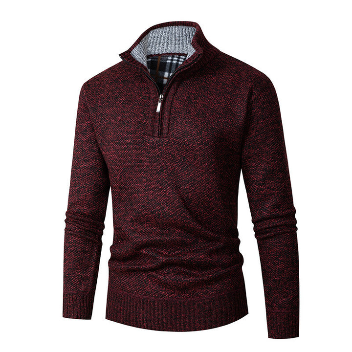 Herren nan grobgestrickter Halfzip-Pullover mit Stehkragen und karierter Krageninnenseite Drune
