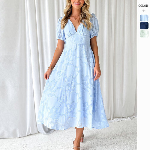 Damen Maxikleid mit floralen Akzenten und voluminösen Puffärmeln Drune