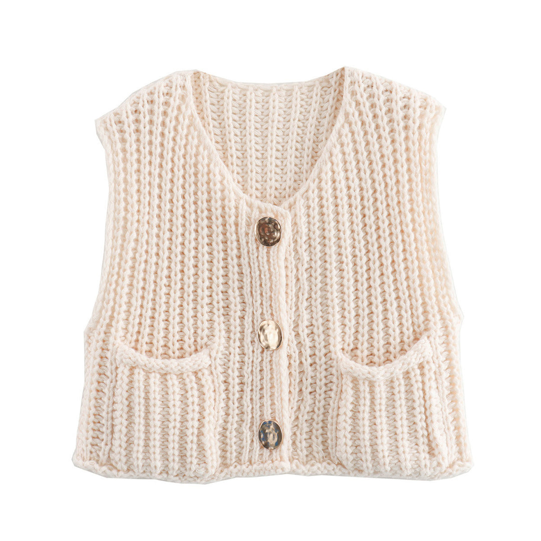 Damen modische Strickweste mit dekorativen Knopfdetails und praktischen Taschen Drune