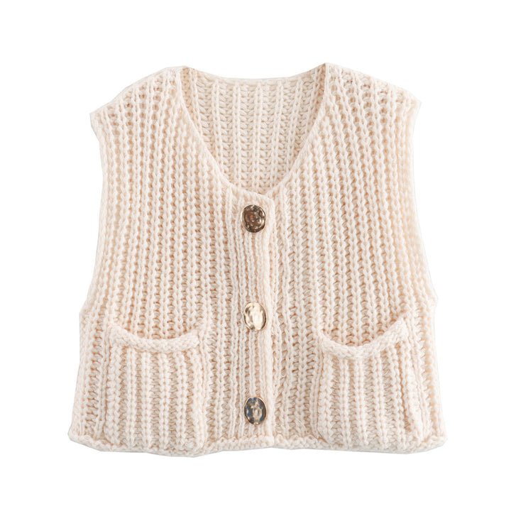 Damen modische Strickweste mit dekorativen Knopfdetails und praktischen Taschen Drune