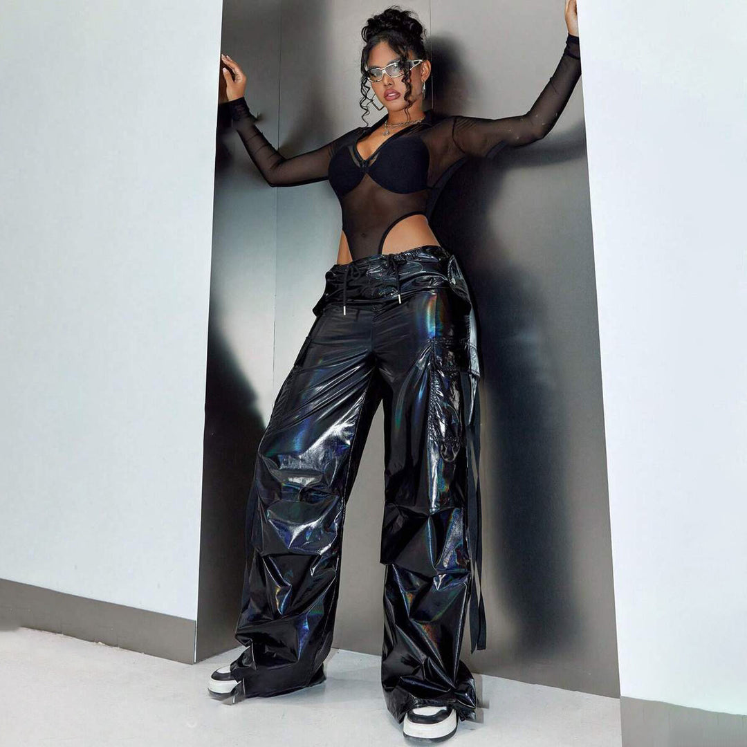 Damen Modische weite Cargo-Hose mit Glanz Effekt Drune