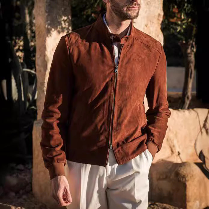 Herren hochwertige Wildlederjacke mit steigendem Kragen Drune
