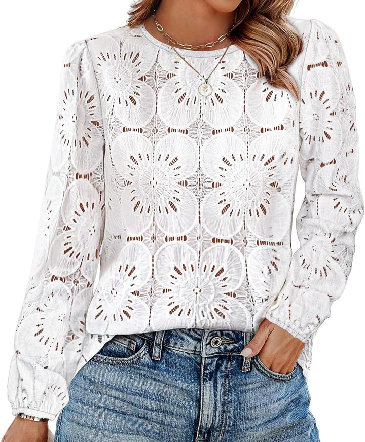 Damen Spitzenbluse mit floralen Details und eleganten Puffärmeln Drune