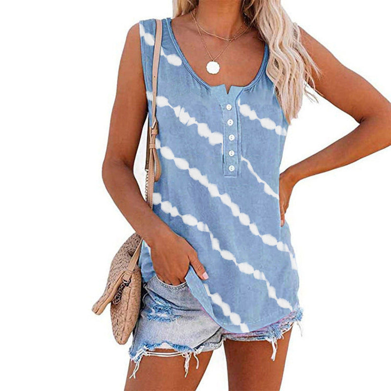 Damen ärmelloses Oberteil mit Knopfleiste und modernem Batik-Muster Drune