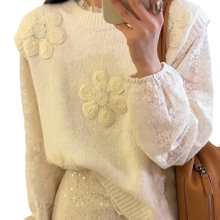 Damen Strickpullover mit floralen Applikationen und strukturierter Oberfläche Drune