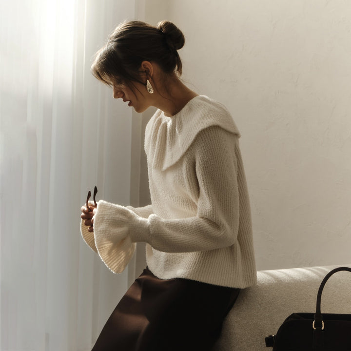 Damen Gemütlicher Strickpullover mit Rüschenärmeln Drune