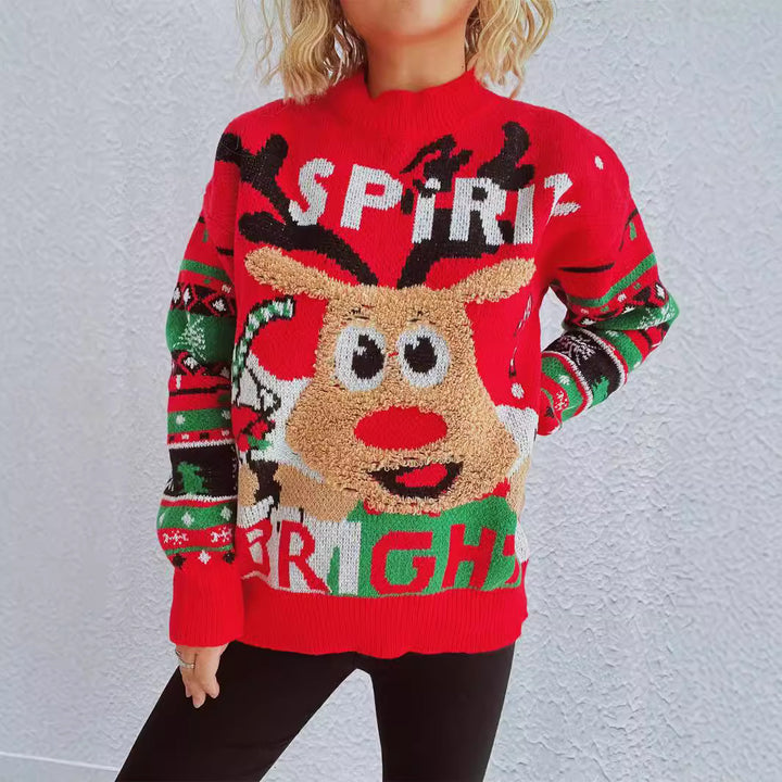 Damen Weihnachtspullover mit fröhlichem Rentier-Motiv und auffälligem Strickmuster Drune