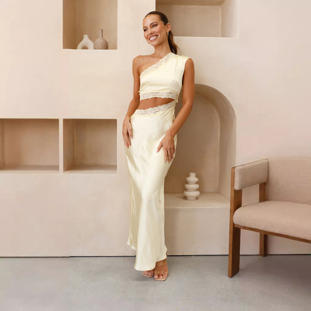 Damen elegantes Abendkleid mit asymmetrischem Design und luxuriösen Spitzendetails Drune