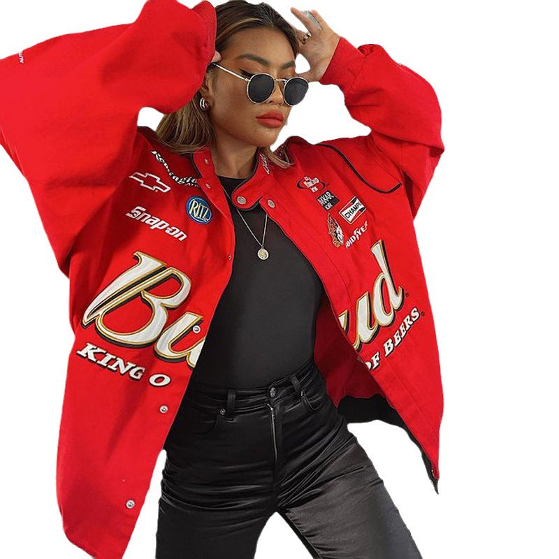 Damen Oversized Collegejacke im Vintage-Stil mit bunten Patches Drune