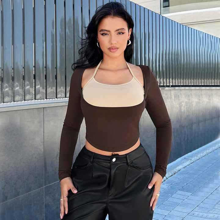 Damen modisches Langarm-Crop-Top mit integrierter Bustier-Optik Drune