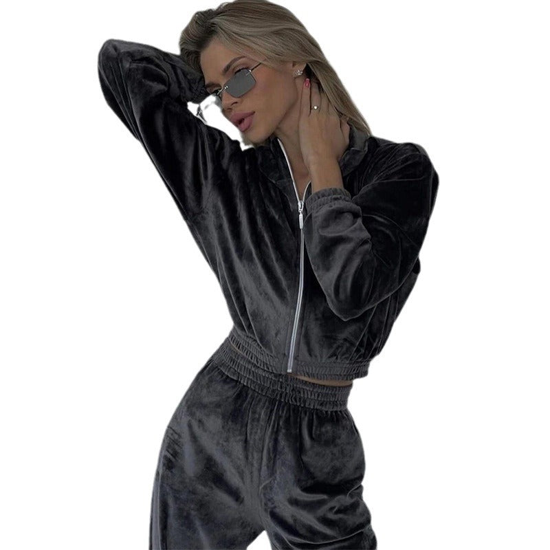 Damen nan Cropped Velours-Joggingset mit halbem Reißverschluss, gerafftem Komfortbund und breiten Bündchen Drune