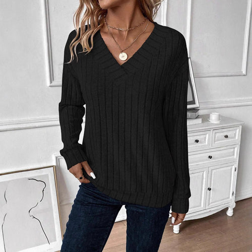 Damen lässiger Strickpullover mit V-Ausschnitt und Rippstruktur Drune