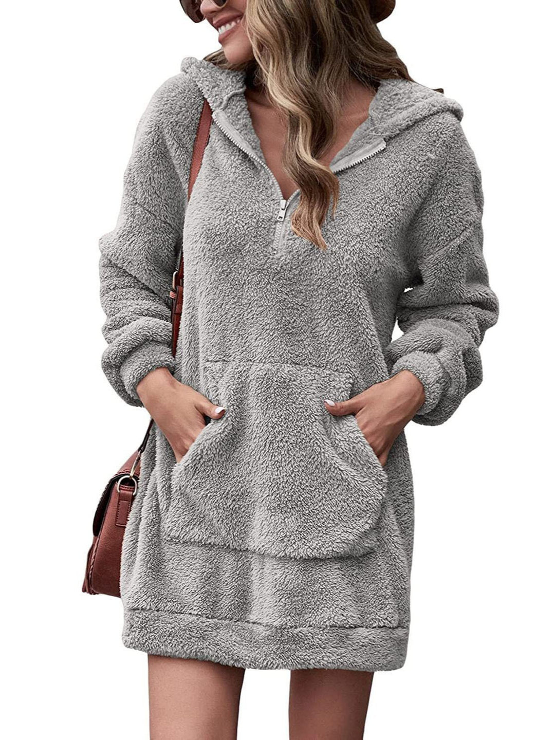 Damen Kuscheliger Hoodie-Kleid mit praktischen Taschen und halben Reißverschluss Drune