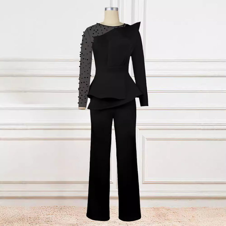 Damen Eleganter Jumpsuit mit transparenten Puffärmeln und tiefem V-Ausschnitt Drune