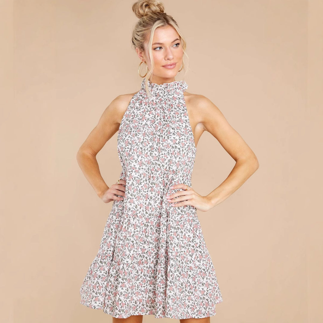 Damen Neckholder-Kleid mit verspielt-floralem Design und Rüschendetails Drune