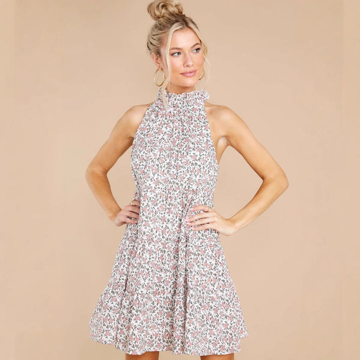 Damen Neckholder-Kleid mit verspielt-floralem Design und Rüschendetails Drune