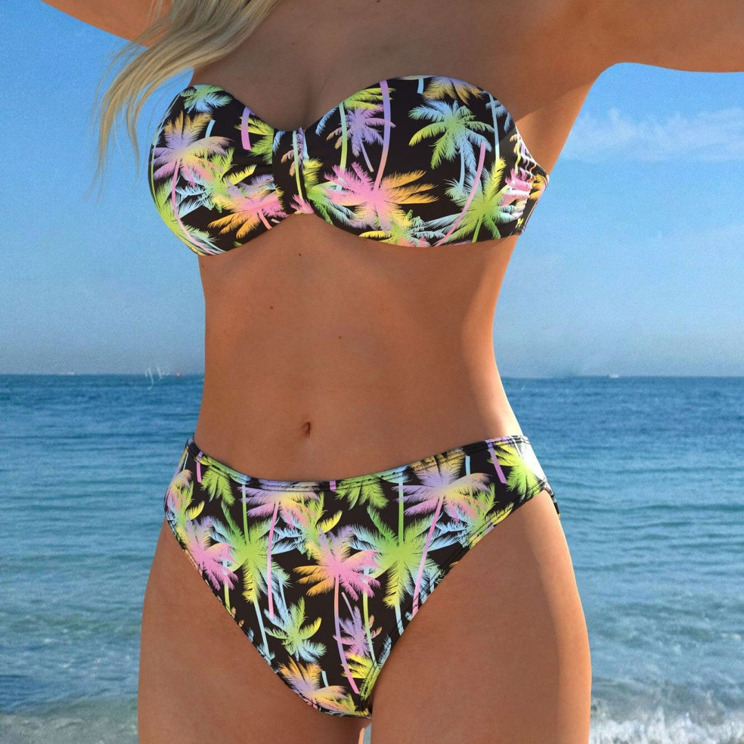 Damen Bandeau-Bikini mit farbenfrohem Palmenmuster und hohem Taillenschnitt Drune