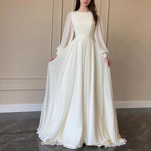 Drune | Durchsichtiges Weißes Hochzeitskleid Rundhalsausschnitt Lange Ärmel Kleid