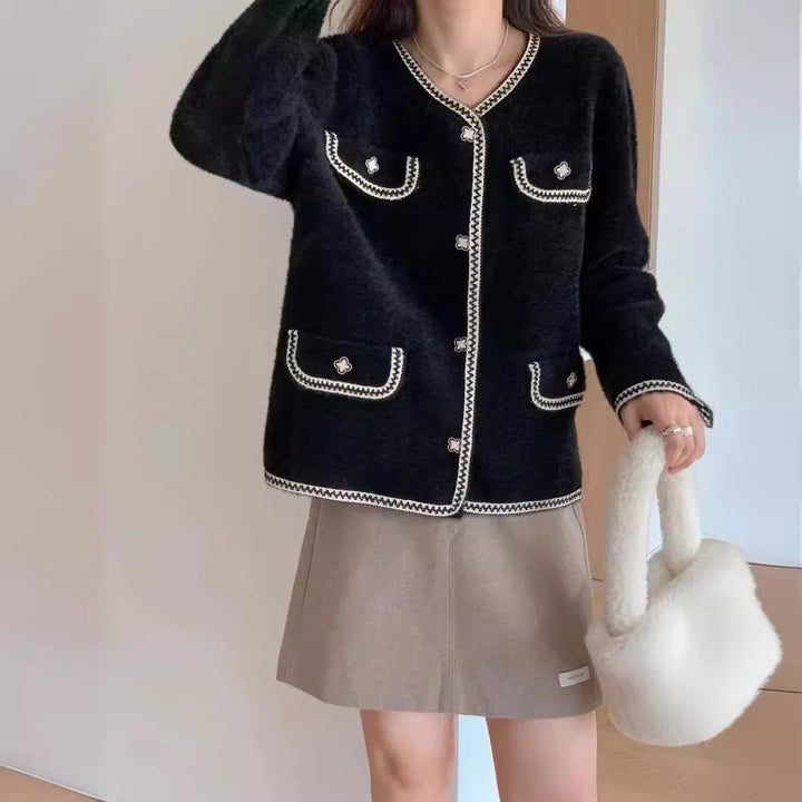 Damen elegante Strickjacke mit Kontrastnähten und Taschen Drune
