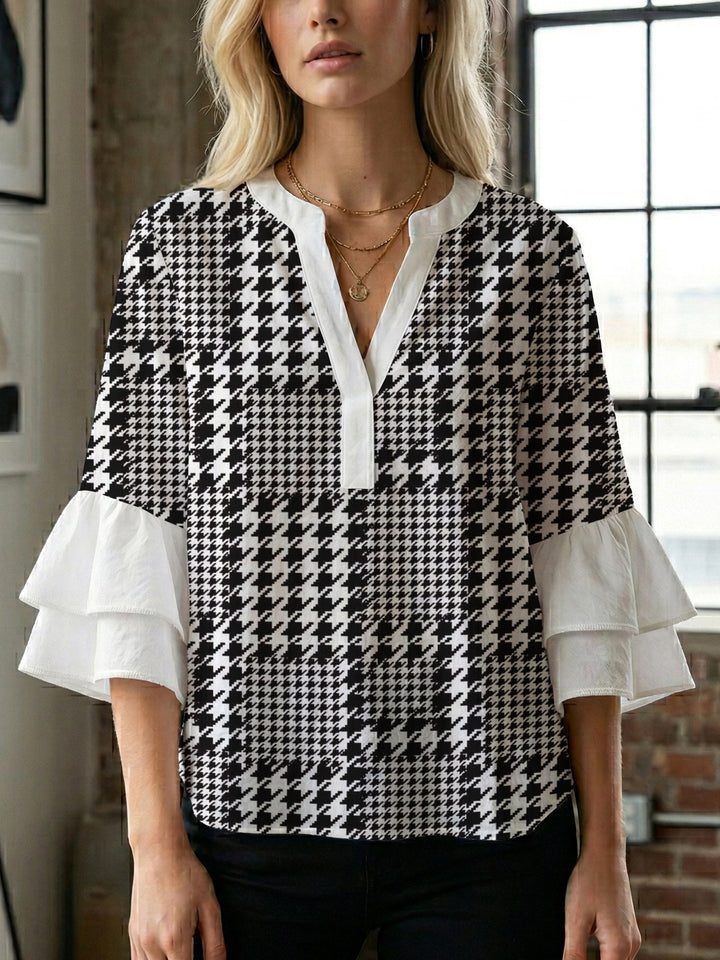Damen Bluse mit voluminösen Rüschenärmeln und modernem Motiv Drune