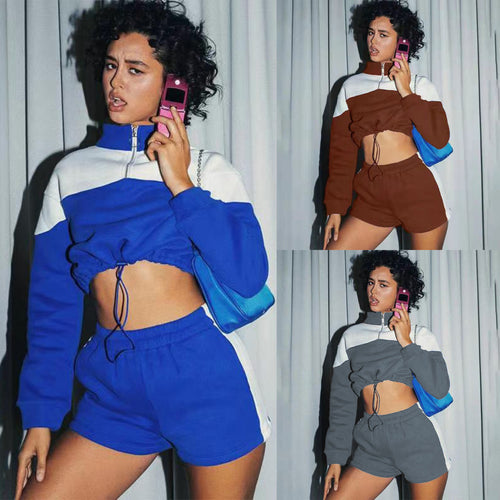 Damen sportliches Zweiteiler-Set mit cropped Jacke und Shorts Drune