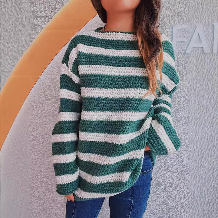 Damen lässiger Strickpullover mit blockierendem Streifenmuster und weitem Schnitt Drune