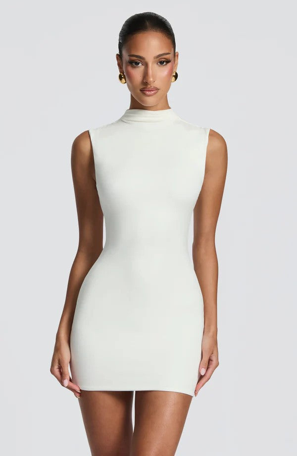 Damen Enganliegendes Stretch-Minikleid mit hohem Kragen Drune
