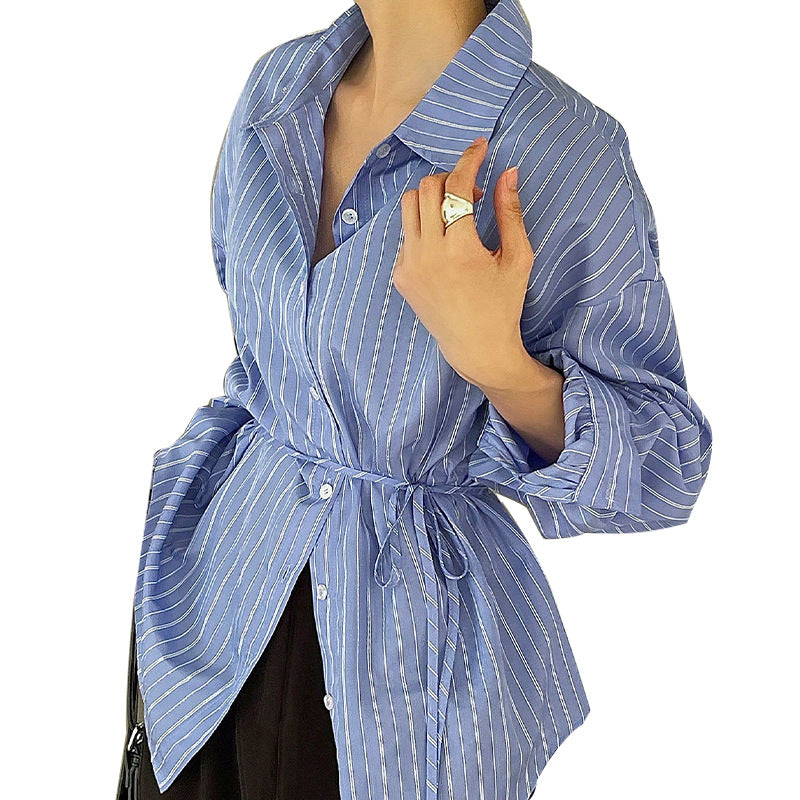 Damen elegante Bluse mit taillierbarem Bindeband und modischem Streifenmuster Drune
