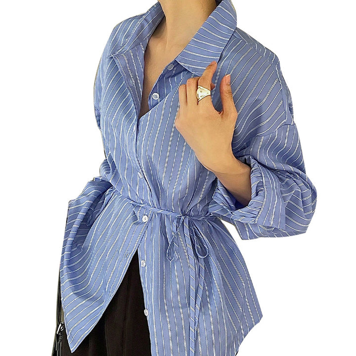 Damen elegante Bluse mit taillierbarem Bindeband und modischem Streifenmuster Drune