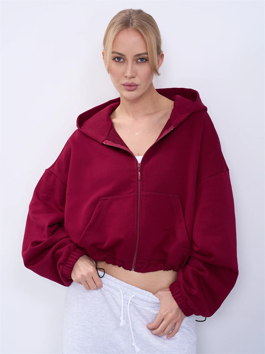 Damen lässiger cropped Kapuzenpullover mit voluminösen Ärmeln Drune