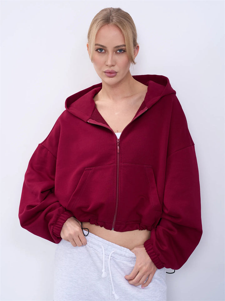 Damen lässiger cropped Kapuzenpullover mit voluminösen Ärmeln Drune