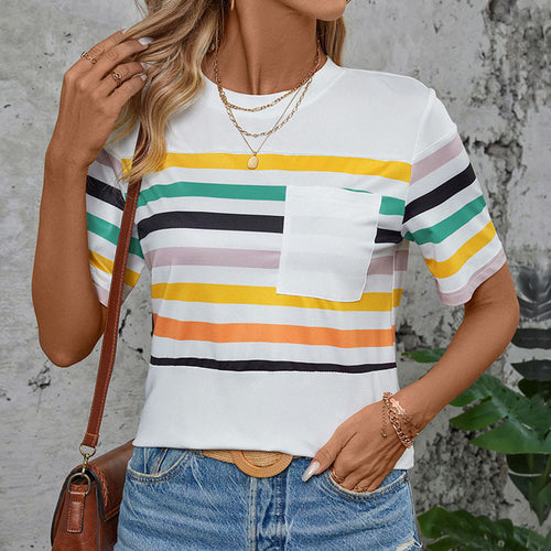 Damen Kurzarm T-Shirt mit buntem Streifenmuster und Brusttasche Drune