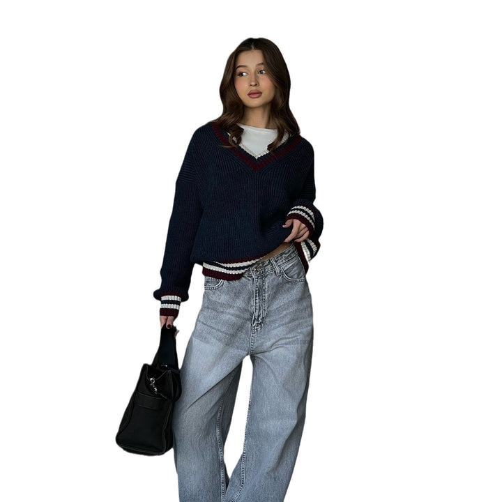 Damen lässiger Pullover mit V-Ausschnitt und Streifendetails Drune