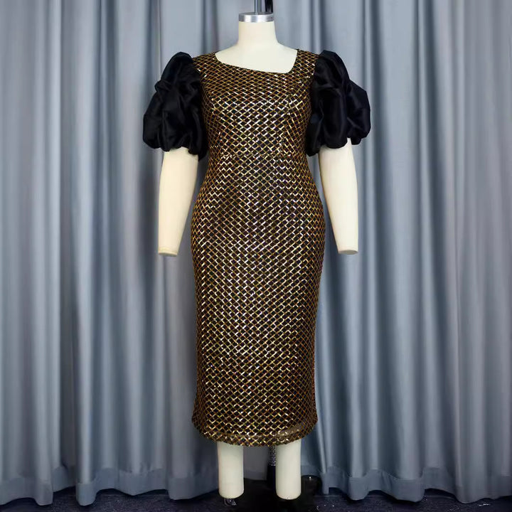 Damen Elegantes Cocktailkleid mit voluminösen Puffärmeln und schimmerndem Netzdesign Drune
