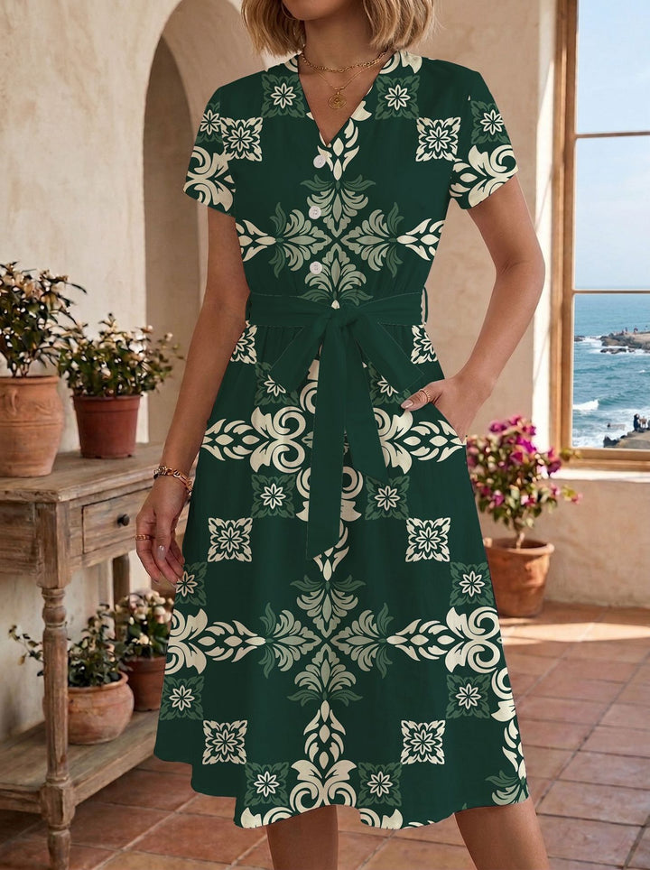 Damen Sommerliches Kleid mit taillierbarem Bindegürtel und floralem Muster Drune