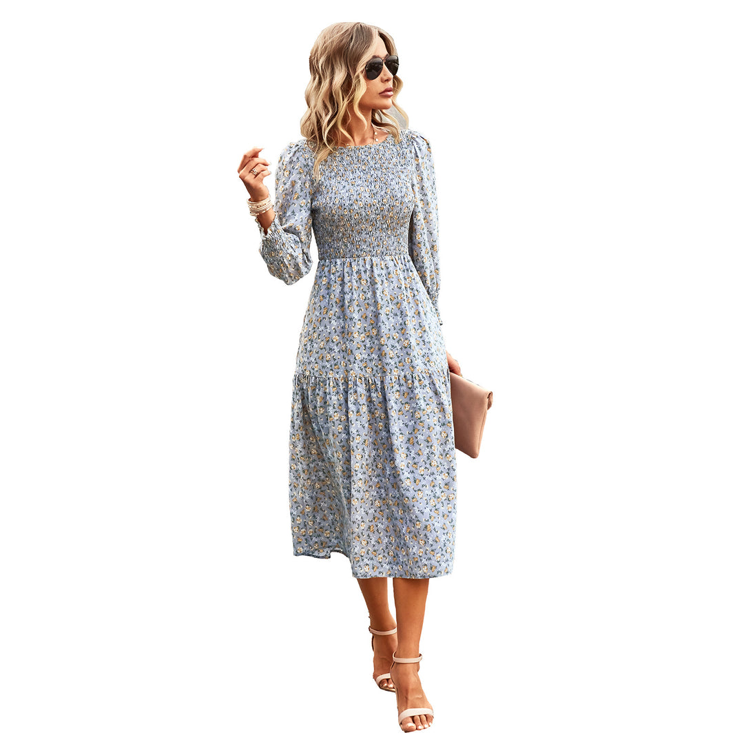 Damen florales Midi-Kleid mit geraffter Taille und langen Ärmeln Drune