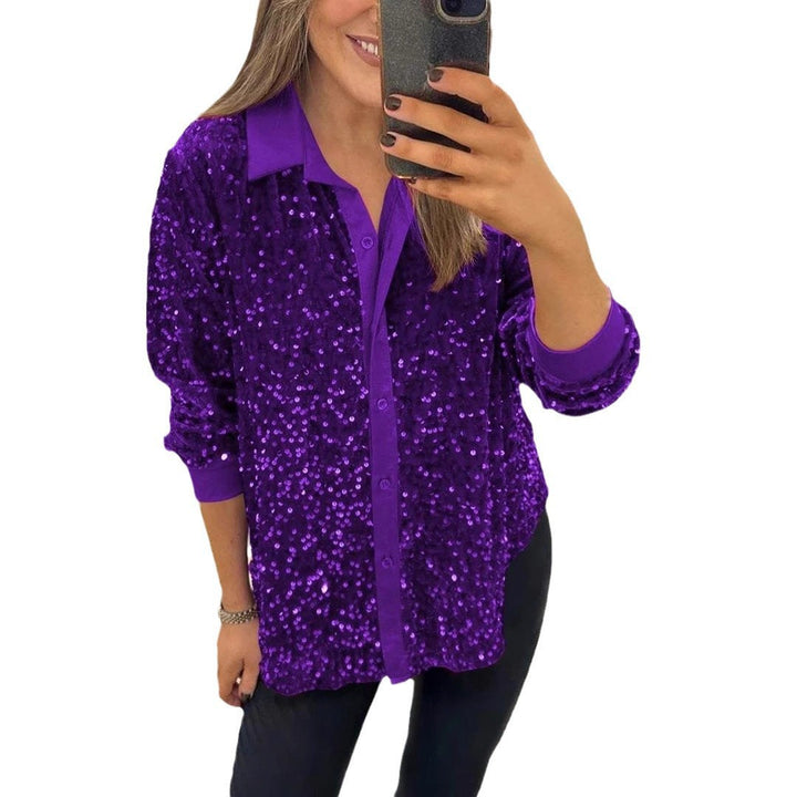 Damen Funkelnde Paillettenbluse mit klassischem Kragen Drune