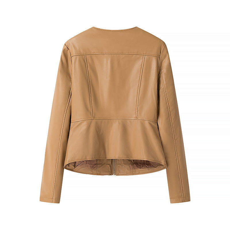 Damen Modische Kunstlederjacke mit tailliertem Schnitt und Reißverschluss Drune