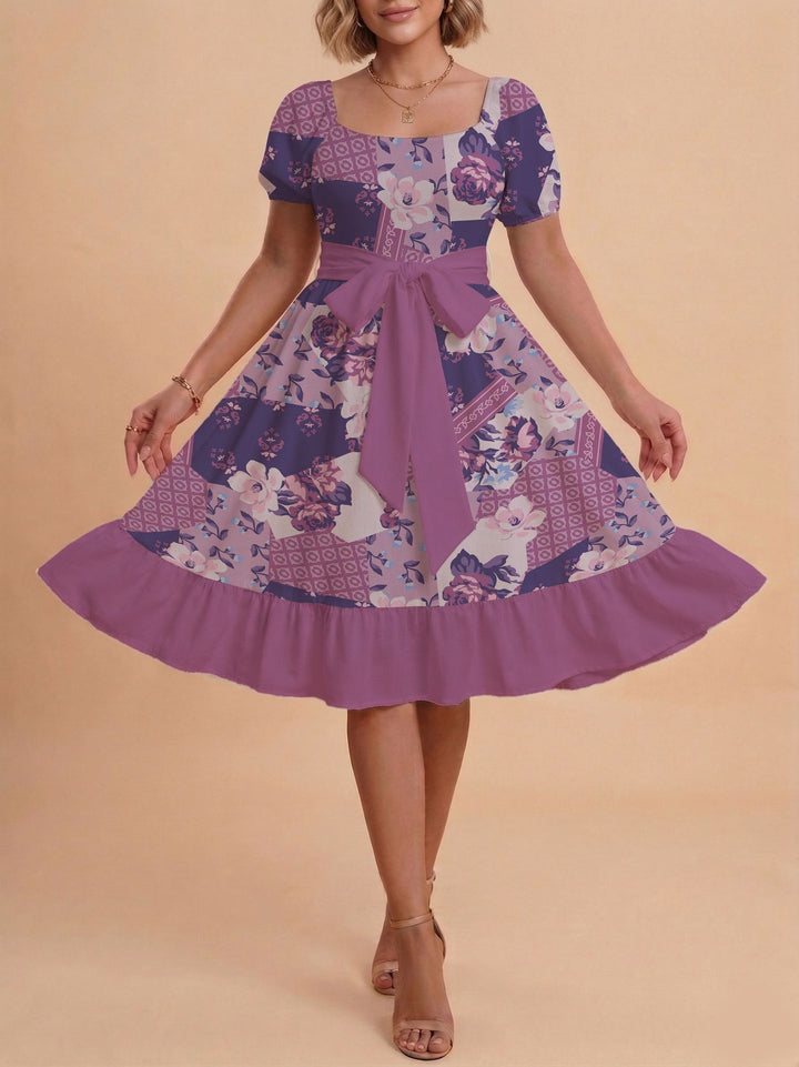 Damen Retro Maxikleid mit Puffärmeln und Taillengürtel Drune