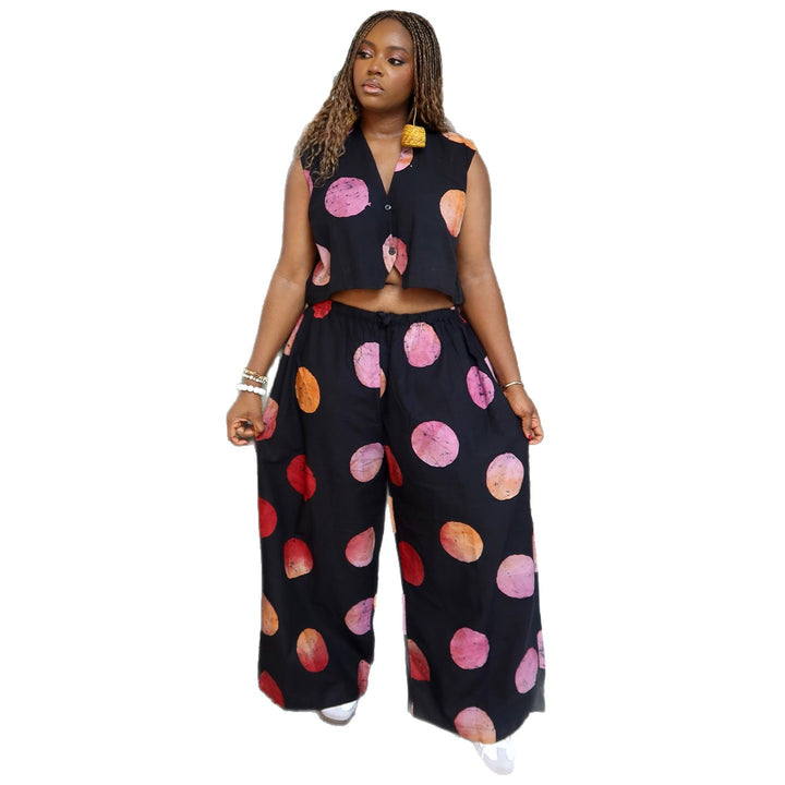 Damen Set mit kurzärmeliger Bluse und weiten Hosen mit Punktedesign Drune