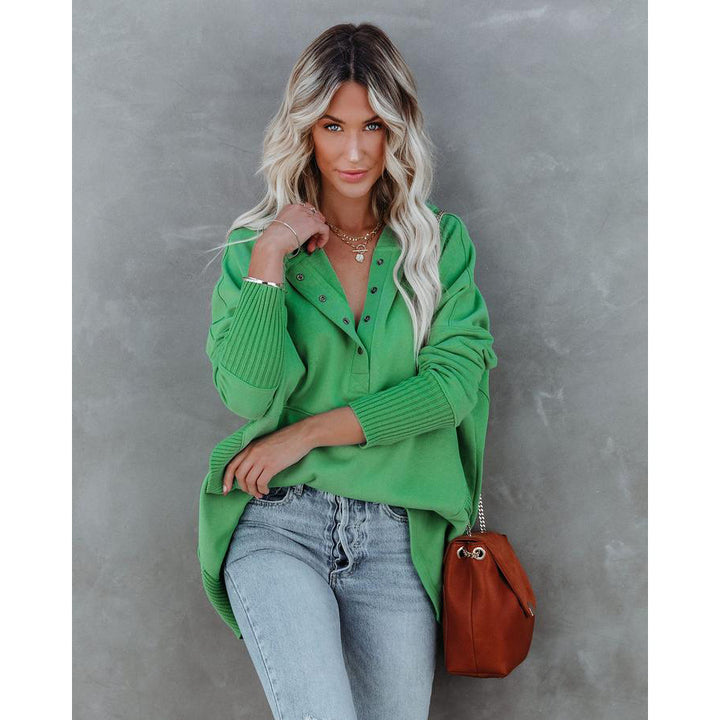 Damen Oversized Kapuzenpullover mit Knopfleiste und seitlichen Eingrifftaschen Drune