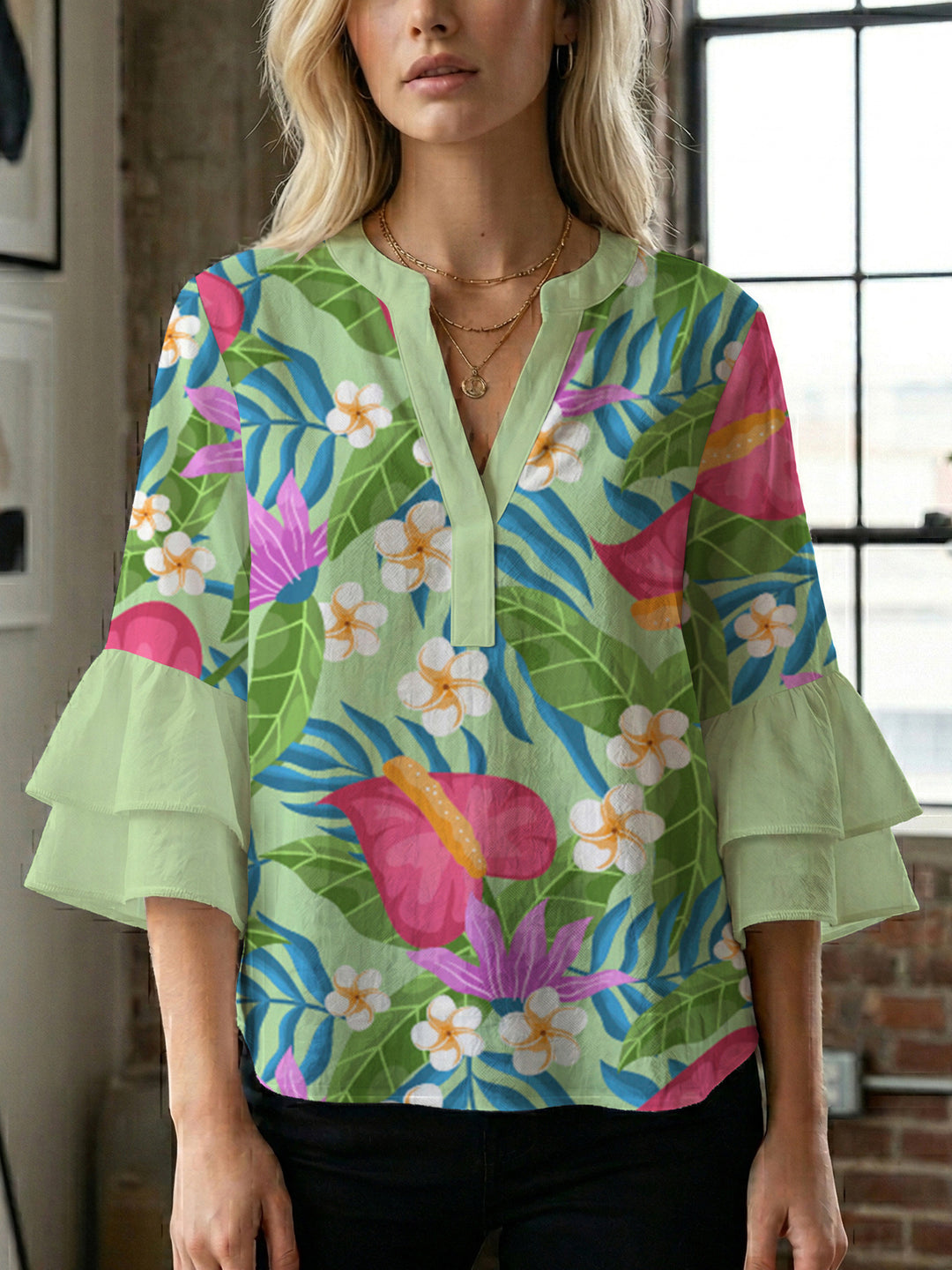 Damen elegantes Oberteil mit voluminösen Rüschensäumen und floralem Design Drune