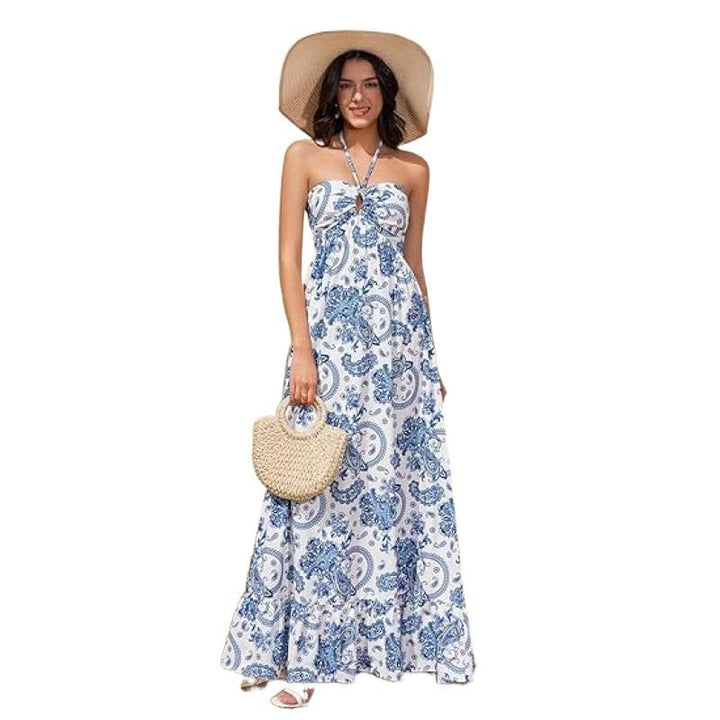 Damen Maxikleid im zeitlosen Paisleymuster mit schulterfreiem Design und voluminösem Saum Drune