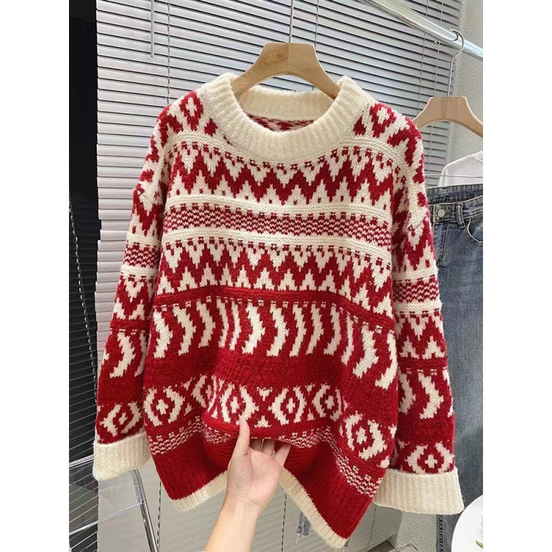 Damen gemütlicher Norwegerpullover mit dekorativem Muster und voluminösen Ärmeln Drune
